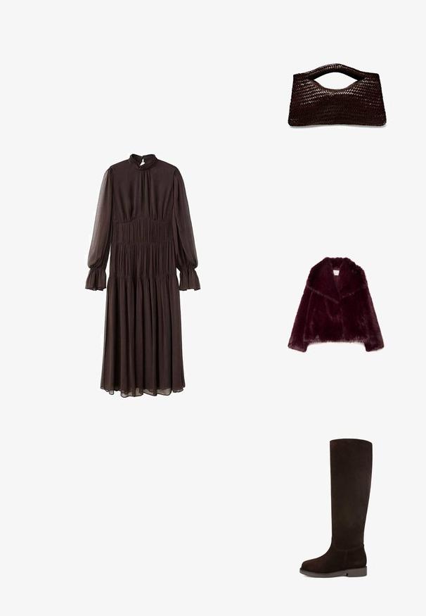 Bordowa kurtka z futra syntetycznego z długimi rękawami, szerokim kołnierzem i teksturowanym, puszystym wykończeniem. Posiada otwarty przód i miękką podszewkę.; Brązowa sukienka z długim rękawem, wysokim kołnierzem, marszczonym gorsetem i rozkloszowanymi rękawami. Wykonana z lekkiego materiału, posiada tiulową spódnicę.; Brązowy zamszowy kozak do kolan z okrągłym noskiem, płaską podeszwą i gładką fakturą. Minimalne przeszycia i elegancki design.; Woven, ciemnobrązowa torebka o unikalnym kształcie, z wyciętym uchwytem i gładką fakturą, idealna do nowoczesnego stylu.