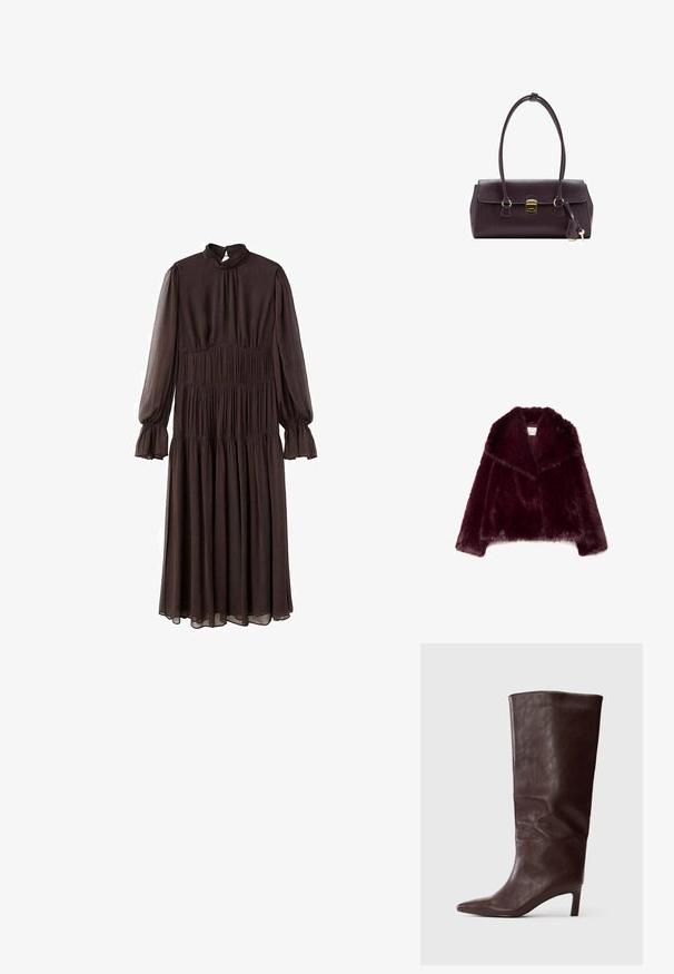 Burgundy faux fur jacket with long sleeves, wide collar, and a textured, fluffy finish. Features an open front design and soft interior lining.; Brown long-sleeve dress with a high neckline, smocked bodice, and flared sleeves. Made of lightweight fabric, features a tiered skirt.; Tall dark brown leather boot with pointed toe and slim mid-height heel on plain white background.; Maroon leather handbag with a structured design, short handles, a gold rectangular clasp, and a detachable tassel accent.