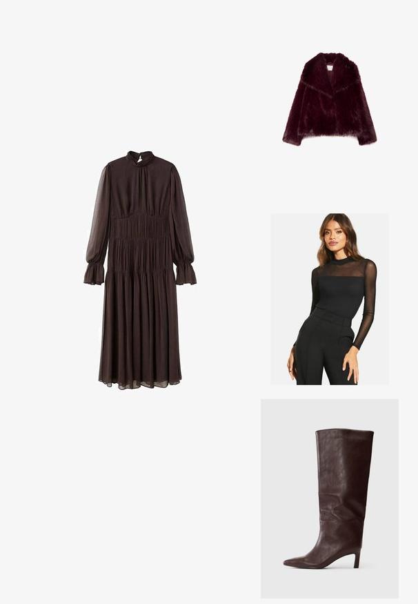 Giacca in pelliccia artificiale borgogna con maniche lunghe, ampio colletto e finitura testurizzata e fluffy. Presenta un design con apertura frontale e una morbida fodera interna.; Top nero a maniche lunghe con una texture a coste e dettagli in rete trasparente sulle spalle. Abbinato a pantaloni neri a vita alta.; Abito marrone a maniche lunghe con collo alto, corpetto arricciato e maniche a campana. Realizzato in tessuto leggero, presenta una gonna a strati.; Stivaletto alto in pelle marrone scuro con punta affilata e tacco sottile di medie altezze su sfondo bianco semplice.