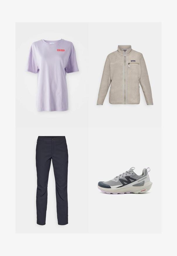 Béžová fleece bunda se zapínáním na zip, vysokým límcem a náprsní kapsou. Texturovaná látka, dlouhé rukávy a šedé kovové doplňky.; Levandulové tričko s krátkým rukávem vyrobené z bavlny, kulatý výstřih a červené logo Columbia na přední straně. Hladká textilie, uvolněný střih.; Námořnické modré kalhoty vyrobené z hladké tkaniny, s předním zapínáním na knoflík, přiléhavým střihem a sklady v oblasti kolen.; Běžecká obuv Salomon v šedé a námořnické barvě má prodyšný síťový svršek, gumovou špičku a texturovanou podrážku s levandulovými akcenty.