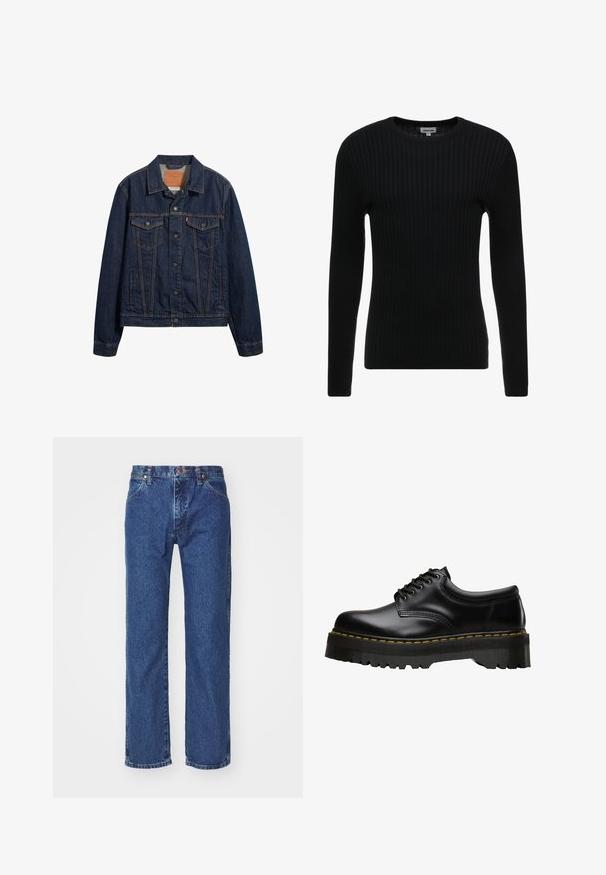 Veste en denim bleu foncé avec un col, des poches avant et une fermeture à boutons. Présente des coutures contrastées et une coupe classique.; Pull noir à manches longues en côte avec un col rond ; le tissu texturé présente des lignes verticales ; silhouette ajustée ; sans embellissements ni accents visibles.; Jean en denim bleu à jambes droites avec bouton frontal, fermeture éclair, passants de ceinture et design à cinq poches sur un fond blanc uni.; Chaussure noire en cuir à lacets avec une semelle en caoutchouc noire épaisse et dentelée, ornée de surpiqûres jaunes le long du bord, présentant une finition lisse.