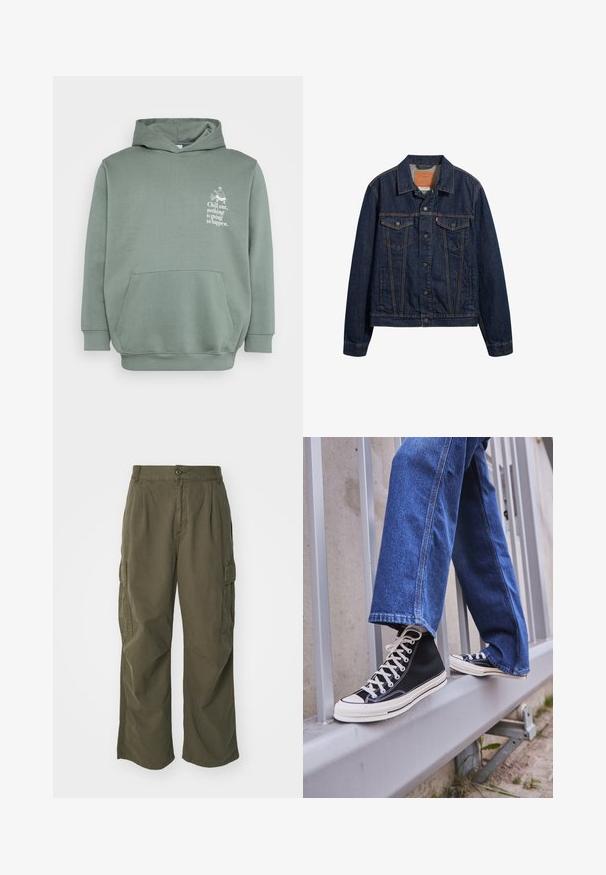 Mørkeblå denimjakke med krave, forlommer og knaplukning. Har kontrasterende syninger og en klassisk snit.; Lysegrøn hættebluse lavet af blødt stof. Har en frontlomme, en hætte med snor og trykt tekst med et grafisk design på brystet.; Cargo bukser i olivengrøn, lavet af bomuld, med et bredt ben design, læg og sidelommer til praktisk anvendelse.; Sorte høj-top sneakers med hvid sål og snørebånd, parret med løse blå denimjeans, hvilende på et gråt gelænder.