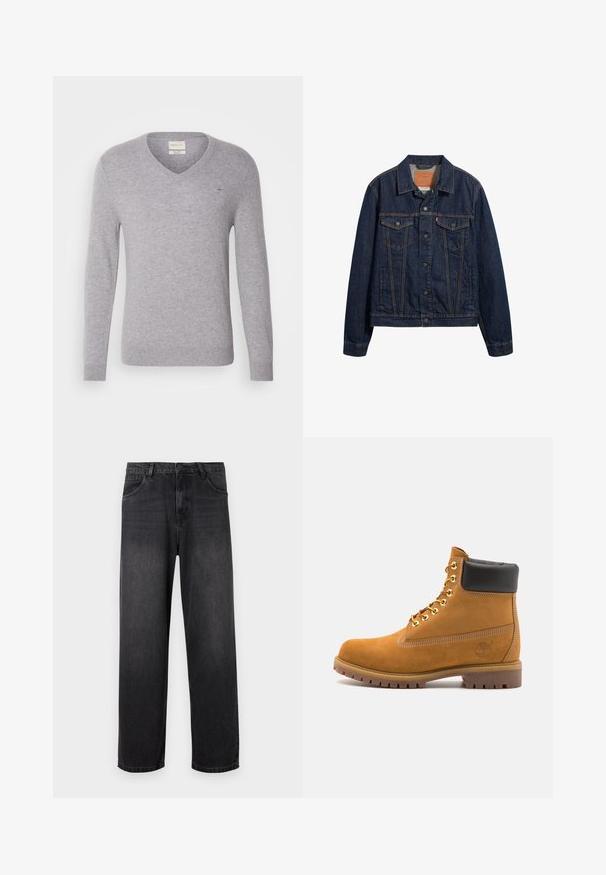 Dunkelblaue Jeansjacke mit Kragen, vorderen Taschen und Knopfverschluss. Sie verfügt über kontrastierende Nähte und einen klassischen Schnitt.; Grauer Woll-V-Ausschnitt-Pullover mit langen Ärmeln, der ein kleines gesticktes Logo auf der Brust sowie gerippte Bündchen und Saum aufweist.; Dunkelgraue Denim-Jeans mit geradem Bein, ausgestattet mit einem Reißverschluss, fünf Taschen und subtilen Verblassungen auf dem Stoff.; Beige Wildleder-Ankle-Boot mit schwarzem gepolstertem Kragen, goldenen Metallösen, weißen Nähdetalben und einer robusten Gummisohle mit ausgeprägtem Profil.