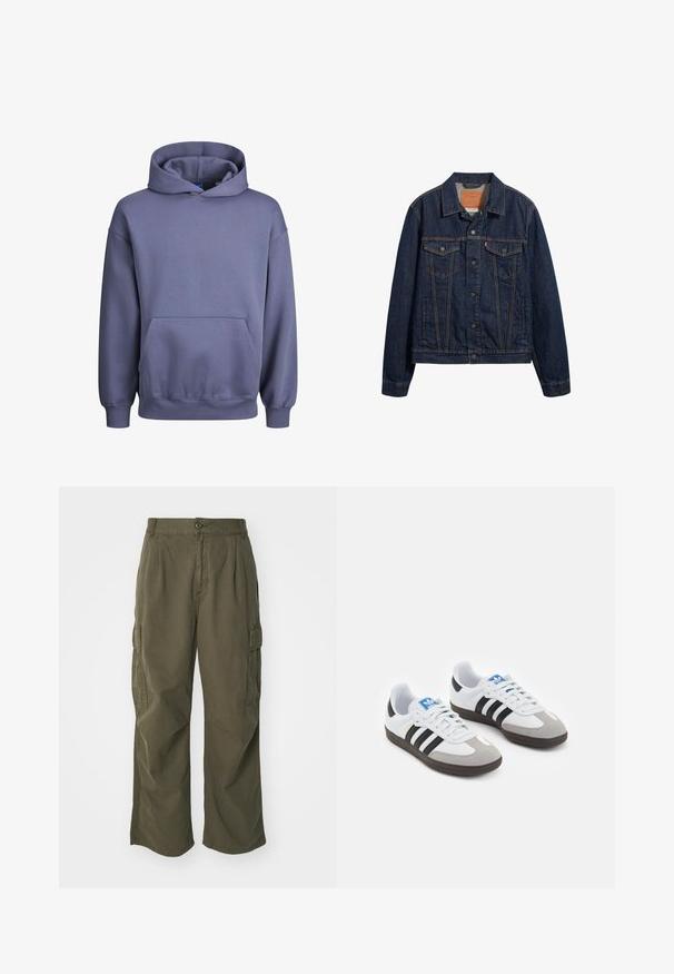 Giubbotto in denim blu scuro con colletto, tasche frontali e chiusura con bottoni. Presenta cuciture a contrasto e un taglio classico.; Felpa con cappuccio in morbido materiale viola, con tasca a marsupio, polsini e orlo a costine. Vestibilità comoda senza grafiche o motivi.; Pantaloni cargo in verde oliva, realizzati in cotone, con un design a gamba larga, pieghe e tasche laterali per utilità.; Scarpe sportive con tomaia in pelle bianca, punta in suede grigia e tre strisce nere. Presentano un logo blu sulla linguetta e una suola in gomma testurizzata.