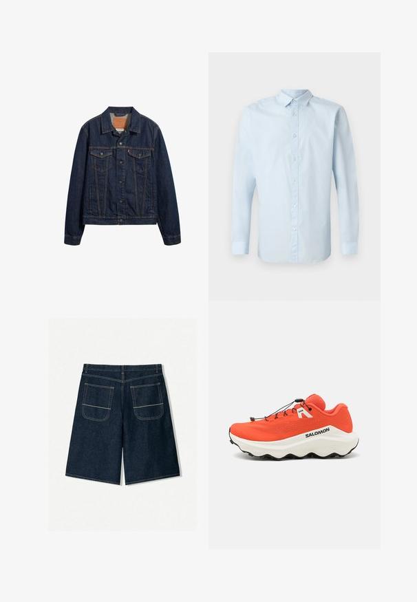 Donkerblauwe denimjack met kraag, vo pockets en knoopsluiting. Kenmerkt zich door contrasterende stiksels en een klassieke snit.; Lichtblauwe longsleeve shirt van gladde stof, met een knoopsluiting aan de voorkant, standaardkraag en knoopmanchetten.; Donkerblauwe denim shorts met een losse pasvorm, voorzien van twee achterzakken met contrasterende stiksels. Rechte snit en knielange ontwerp.; Oranje trailrunning schoenen met bovenkant van gaas, witte tussenzool, textuuroverlays in zwart op de zool en verstelbare bungee veters. Merken op de zijkant.