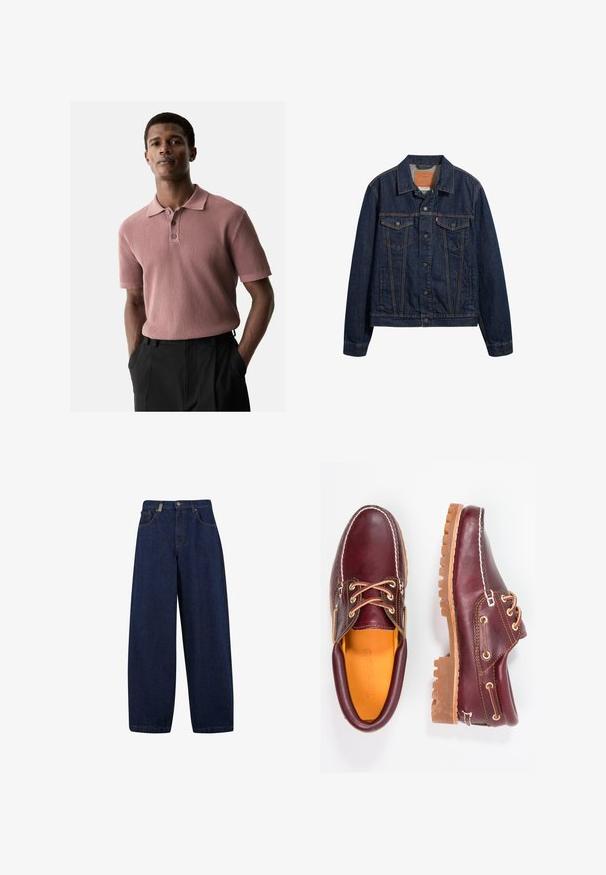 Giubbotto in denim blu scuro con colletto, tasche frontali e chiusura con bottoni. Presenta cuciture a contrasto e un taglio classico.; Polo a maniche corte a coste in rosa polveroso con colletto e patta con tre bottoni. Indossato con pantaloni scuri, mani in tasca.; Jeans in denim blu scuro a taglio comodo con vita alta, tasche frontali e design a gamba dritta. Include hardware in tonalità argentata e cuciture minime.; Scarpe in pelle bordeaux con suole in gomma marrone, punta rotonda, cuciture bianche e occhielli dorati. L'interno presenta un rivestimento giallo.