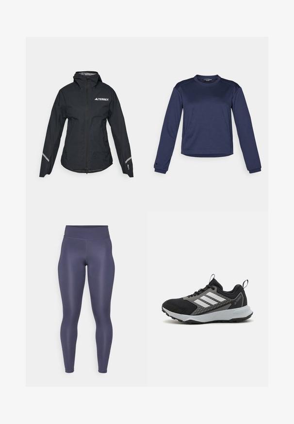 Juodas vandeniui atsparus džemperis su gaubtu, visiškai užtraukiamas, su reguliuojamais rankovių galais ir atspindinčiomis detalėmis. Viršutinėje kairėje krūtinės pusėje yra baltas logotipas.; Tamsiai mėlynas ilgomis rankovėmis sportinis marškinėlis su tekstūruotu audiniu, apvaliu iškirpimu ir kontrastingais peties skydeliais. Ant krūtinės yra logotipas.; Aukšto liemens tamsiai mėlynos spalvos leggingai, pagaminti iš tamprių audinių, su lygiu paviršiumi ir stilingu dizainu.; Juodas sportinis batelis su pilkais akcentais, turintis tekstūruotą tinklelio viršutinę dalį, tris baltas juosteles ir guminį pado padą, užtikrinantį sukibimą.