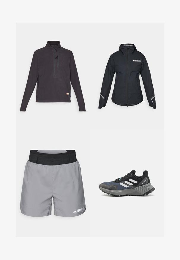 Sort vandtæt jakke med hætte, fuld lynlås, justerbare manchetter og reflekterende detaljer. Har et hvidt logo på den øverste venstre bryst.; Mørkegrå fleece-pullover med høj krave, kvart lynlås og en frontlomme. Har et lille logo-patch nederst til højre. Glat tekstur.; Grå atletiske shorts med elastisk sort talje, let materiale, afslappet pasform og hvidt logo-accent på nederste højre side.; Sportssko med mesh-overdel i nuancer af sort og blå. Har hvide striber, grå gummisål og struktureret mellemsål for greb.