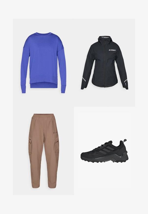 Černá nepromokavá bunda s kapucí, plným zipem, nastavitelem na rukávech a reflexními prvky. Na horní levé části hrudi se nachází bílé logo.; Fialová mikina s dlouhými rukávy, kulatým výstřihem a mírně zakřiveným lemem. Vyrobena z měkké, lehké látky s hladkou texturou.; Hnědé cargo kalhoty s elastickým pasem, dvěma bočními kapsami a texturovanou látkou. Na přední straně se nachází výšivka loga.; Černá sportovní bota s síťovaným svrškem, designem se třemi pruhy, tvarovanou patou a robustní podrážkou s výraznými protiskluzovými výstupky.