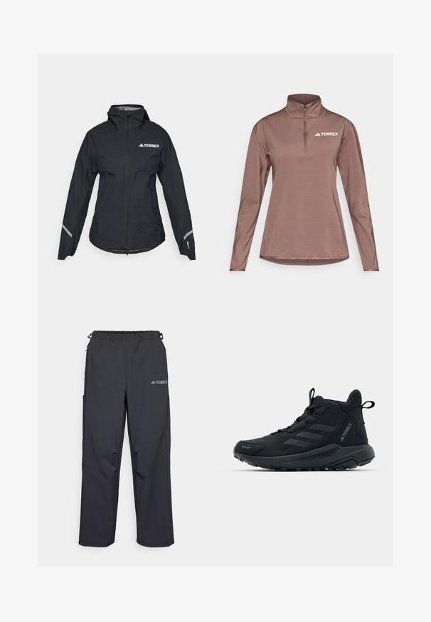 Musta vedenpitävä takki hupulla, täysivetsari, säädettävät hihansuut ja heijastavat yksityiskohdat. Oikealla puolella ylärinnassa on valkoinen logo.; Ruskea pitkähihainen pusero, jossa on puolivetoketjullinen kaulus, valmistettu kevyestä kankaasta. Vasemmassa yläosassa rinnassa on "TERREX"-logo.; Mustat, kevyet ulkoiluhousut, joissa on joustava vyötärö, sivutaskut ja logo oikeassa yläreunassa. Sujuva, vettä hylkivä kangas.; Musta vaelluskengä, jossa on teksturoitu päällinen, vahvistettu varvasosa ja kumipohja. Varustettu kolmen raidallisen muotoilun ja pehmustetun nilkkaremmimaisesti tuen tarjoamiseksi.