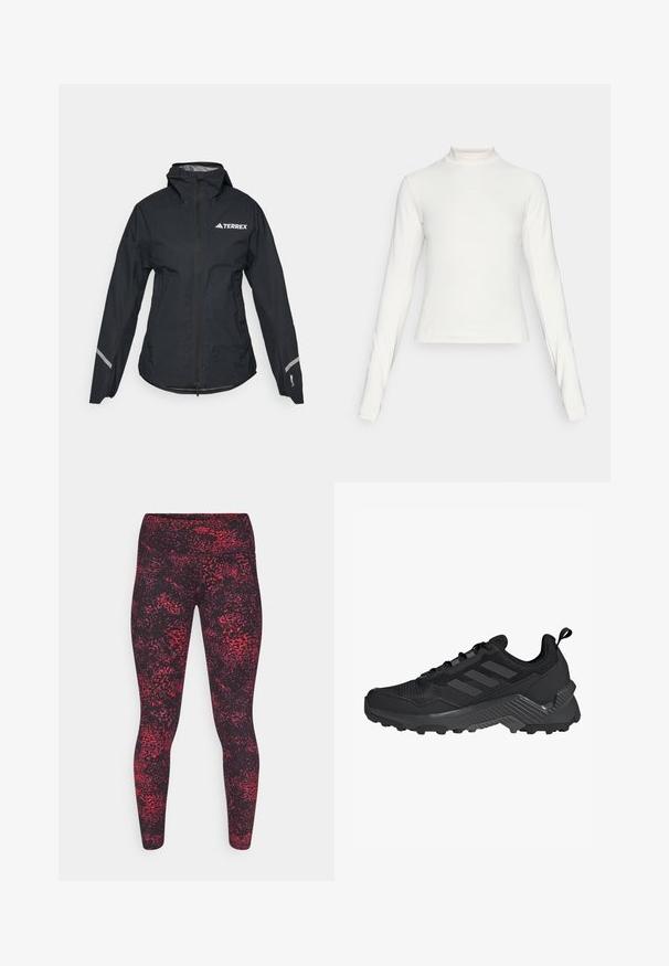Čierna nepremokavá bunda s kapucňou, plným zipsom, nastaviteľnými manžetami a reflexnými akcentmi. Obsahuje biele logo na hornej ľavej strane hrude.; Dlhý rukáv biely športový top s vysokým golierom a malým centrálnym logom na hrudi, zobrazený na jednoduchom pozadí.; Čierne legíny s vysokým pásom a červeným abstraktným vzorom. Vyrobené z elastického, ľahkého materiálu, s hladkou textúrou a priliehavým strihom.; Čierna športová obuv s hornou časťou z sieťoviny, dizajnom s trojitou prúžkovou témou, tvarovaným podpätkom a robustnou podrážkou s výraznými trakčnými výstupkami.