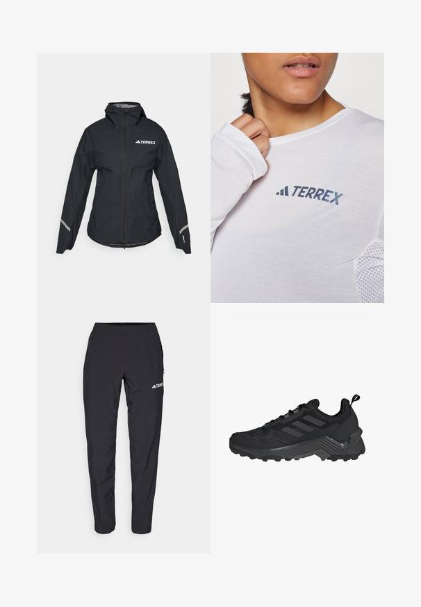 Czarna wodoodporna kurtka z kapturem, pełnym zamkiem, regulowanymi mankietami i odblaskowymi akcentami. Posiada białe logo na górnej lewej stronie klatki piersiowej.; Biała koszula z długim rękawem z niebieskim logo "TERREX". Materiał jest lekki, z teksturowanymi akcentami z siateczki na ramionach.; Czarne spodnie sportowe wykonane z lekkiego, elastycznego materiału, z elastycznym pasem i bocznymi kieszeniami na zamek. Posiadają białe logo na udzie.; Czarne buty sportowe z siateczkową cholewką, trzema paskami, formowaną piętą i wytrzymałą podeszwą z wyraźnymi wgłębieniami dla lepszej przyczepności.