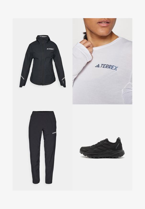 Čierna nepremokavá bunda s kapucňou, plným zipsom, nastaviteľnými manžetami a reflexnými akcentmi. Obsahuje biele logo na hornej ľavej strane hrude.; Biela košeľa s dlhým rukávom, ktorá má modré logo "TERREX". Materiál je ľahký a obsahuje textúrované sieťovinové akcenty na pleciach.; Čierne športové nohavice vyrobené z ľahkého, elastického materiálu s elastickým pásom a bočnými zipsovými vreckami. Obsahujú biele logo na stehne.; Čierne športové tenisky s textúrovaným syntetickým zvrškom, šnurovaním, hrubou gumovou podrážkou a diskrétnymi logovými akcentmi na boku a päte.