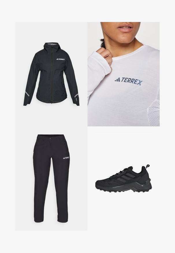 Must ränekattega must vettpidav jakk, täispikk tõmblukk, reguleeritavad mansetid ja peegeldavad aktsendid. Ülal vasakul rinnal on valge logo.; Valge pika varrukaga särk, millel on sinine "TERREX" logo. Kanga materjal on kerge ja tekstiilitooted on tekstureeritud võrkkangaga varrukatel.; Mustad välispüksid, valmistatud vastupidavast kangast. Kujundatud kitseneva lõikega, varustatud nööpkinnitusega ja valge logoga vasakul reitel.; Must mustusjalats, millel on võrkkangast ülemine osa, kolme triibuga disain, vormitud kand ja rohkete haardelabadega tugev välistald.