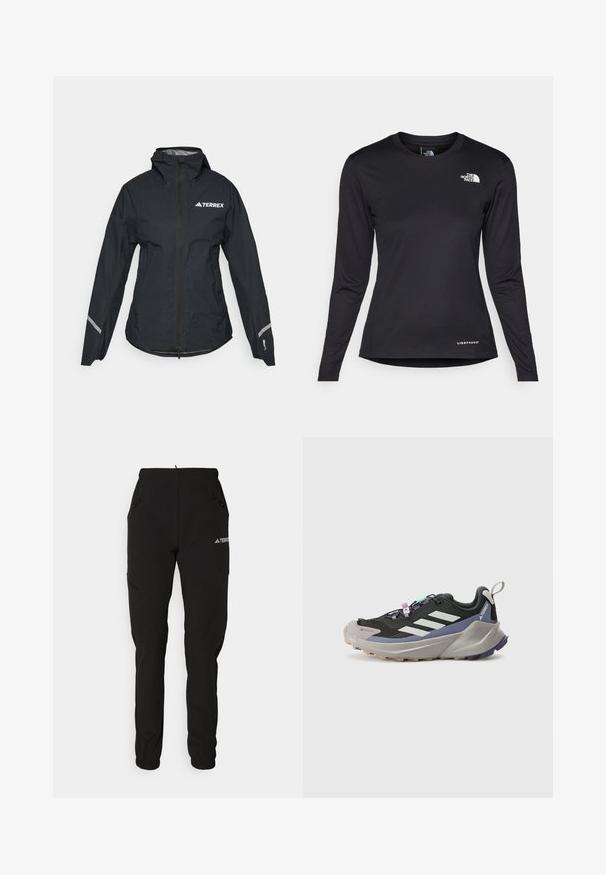Svart vattentät jacka med huva, full dragkedja, justerbara manschetter och reflektorer. Har en vit logotyp på övre vänstra bröstet.; The North Face SHADOW LONG SLEEVE - Långärmad tröja - black; adidas Terrex XPERIOR PANTS - Tygbyxor - black; Svart idrottssko med Gore-Tex övre, vita ränder, lila accenter, tjock grå mellansole och texturerad grå yttersula för grepp.