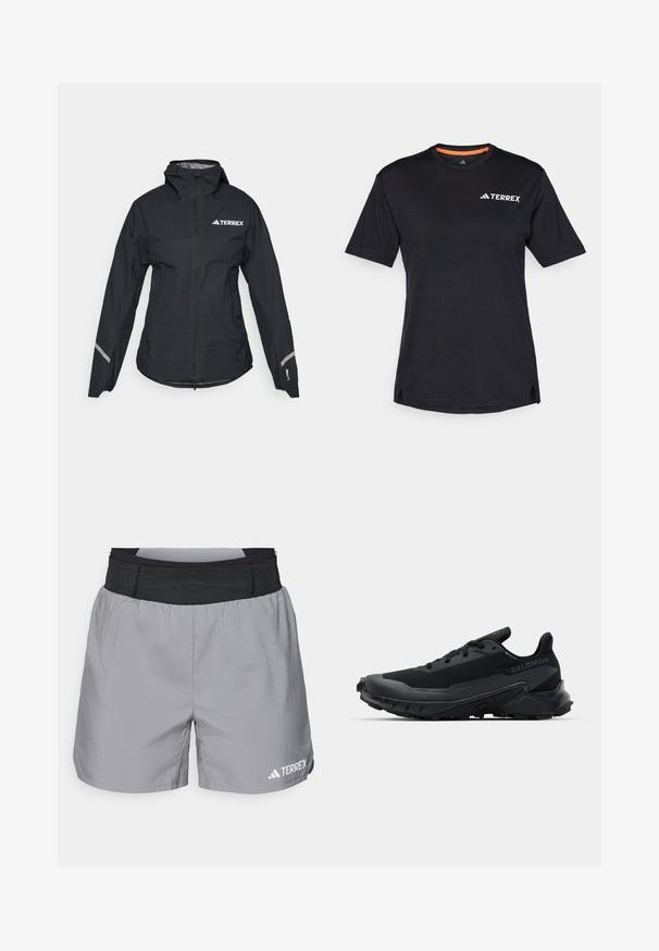 Giacca impermeabile nera con cappuccio, zip completa, polsini regolabili e dettagli riflettenti. Presenta un logo bianco sul lato sinistro della parte superiore del petto.; T-shirt nero a maniche corte con scollo rotondo, caratterizzato da una leggera texture mélange e dal logo bianco "TERREX" sul lato superiore sinistro.; Pantaloni sportivi grigi con vita elastica nera, materiale leggero, vestibilità rilassata e accento del logo bianco sul lato destro in basso.; Scarpa da corsa nera con suola in gomma testurizzata, materiale superiore traspirante e lacci piatti. Presenta un tallone di supporto e un design elegante.