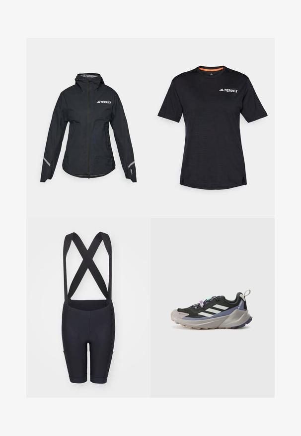 Črna vodoodporna jakna s kapuco, polnim zadrgo, prilagodljivimi manšetami in odsevnimi detajli. Ima bel logotip na zgornjem levem prsnem delu.; Črna kratkosleča majica s krocnim ovratnikom, ki ima subtilno heather teksturo in belo "TERREX" logo na zgornji levi strani.; Črne kolesarske hlače s naramnicami, ki imajo gladko teksturo, oblazinjen sedežni del in oprijet dizajn za udobje in podporo.; Črne športne čevlje z Gore-Tex zgornjim delom, belimi črtami, vijoličnimi akcenti, debelim sivim srednjim podplatom in strukturiranim sivim zunanjim podplatom za boljši oprijem.