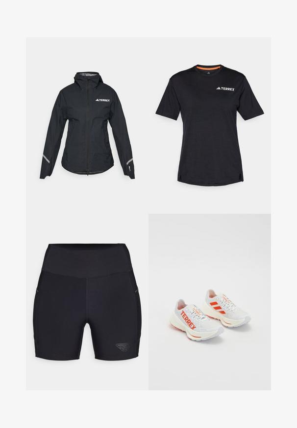 Juodas vandeniui atsparus džemperis su gaubtu, visiškai užtraukiamas, su reguliuojamais rankovių galais ir atspindinčiomis detalėmis. Viršutinėje kairėje krūtinės pusėje yra baltas logotipas.; Juodas trumpas rankovės marškinėliai su apvaliu kaklu, su subtiliu melange tekstūra ir baltu "TERREX" logotipu viršutiniame kairiajame kampe.; Juodi sportiniai šortai su aukštu juosmeniu, pagaminti iš tamprių medžiagų. Ypatybės: logo šone ir diskretiškos šoninės kišenės.; Baltos bėgimo bateliai su oranžinėmis detalėmis. Tinklelio medžiaga, suapvalintas pirštas ir storas vidinis padas. Ant šoninės pusės užrašyta "TERREX", o ant kulno matomos trys juostelės.