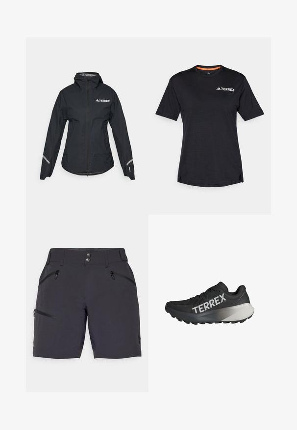 Black waterproof jacket with a hood, full zip, adjustable cuffs, and reflective accents. Features a white logo on the upper left chest.; Black short-sleeve T-shirt with round neckline, featuring a subtle heather texture and white "TERREX" logo on the upper left side.; Dark gray shorts made of lightweight material, featuring two zippered side pockets and two metal button closures at the waist.; Black running shoe with a textured upper, prominent "TERREX" logo in white, tapered sole design, and a gradient gray accent on the heel.