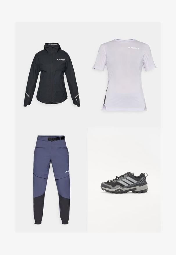 Crna vodootporna jakna s kapuljačom, punim zipom, podesivim manžetama i reflektirajućim detaljima. Ima bijeli logo na gornjem lijevom prsnom dijelu.; Svijetloljubičasta atletska majica kratkih rukava s mrežastim panelima sa strane, zaobljenim izrezom i logotipom na prsima. Prozračan materijal.; Plave vanjske hlače s crnim donjim dijelom, izrađene od teksturiranog materijala. Imaju pojas i dva bočna džepa sa zatvaračem.; Crne i sive planinarske cipele s teksturiranom površinom, gumeni potplat i tri istaknute sive pruge sa strane; sadrže sustav brze vezice.