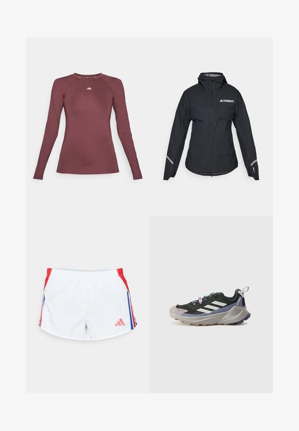 Must ränekattega must vettpidav jakk, täispikk tõmblukk, reguleeritavad mansetid ja peegeldavad aktsendid. Ülal vasakul rinnal on valge logo.; Burgundia pikkade varrukatega aktiivne särk, valmistatud siledast ja elastseks kangast. Omab ümmargust kaelust ja väikest valget logo rinnal.; Valged spordilühikesed püksid punaste külgpaneelidega, millel on sinised triibud. Elastne vöökoht ja logo vasakul all nurgas. Sile kangastekstuuri.; Mustaline sportlikud jalanõud Gore-Tex ülahosaga, valged triibud, lillad aktsendid, paks hall vaheosa ja tekstureeritud hall välistald haardeks.