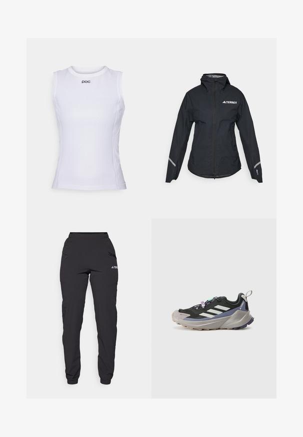 Zwarte waterdichte jas met een capuchon, volledige rits, verstelbare manchetten en reflecterende accenten. Heeft een wit logo op de bovenkant van de linkerborst.; Witte mouwloze sporttop gemaakt van textuur-meshmateriaal. Heeft een ronde halslijn en een klein logo aan de voorkant.; Zwarte waterdichte broek met een elastische tailleband, ritssluitingen aan de zijkanten, taps toelopende benen en ribgebreide boorden bij de enkels. Voorzien van logoprints.; Zwarte sportieve schoen met een Gore-Tex bovenwerk, witte strepen, paarse accenten, dikke grijze tussenzool en een gestructureerde grijze buitenzool voor grip.