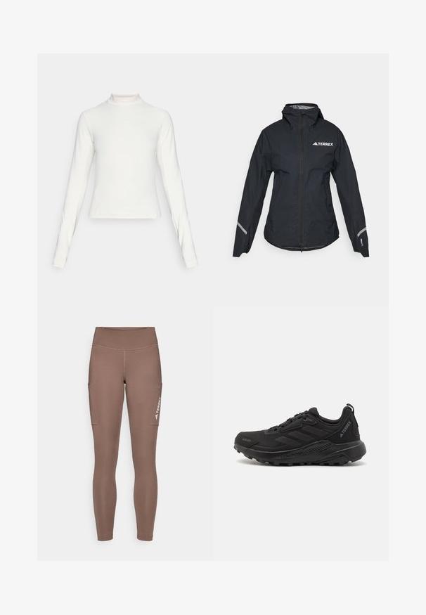 Black waterproof jacket with a hood, full zip, adjustable cuffs, and reflective accents. Features a white logo on the upper left chest.; Long-sleeve white athletic top with mock neck and small centered logo on chest, displayed on a plain background.; Brown athletic leggings with a high waistband, featuring side pockets and a white logo. Smooth, stretchy fabric for comfort and mobility.; Black athletic shoes featuring a textured synthetic upper, lace closure, thick rubber sole, and discreet logo accents on the side and heel.