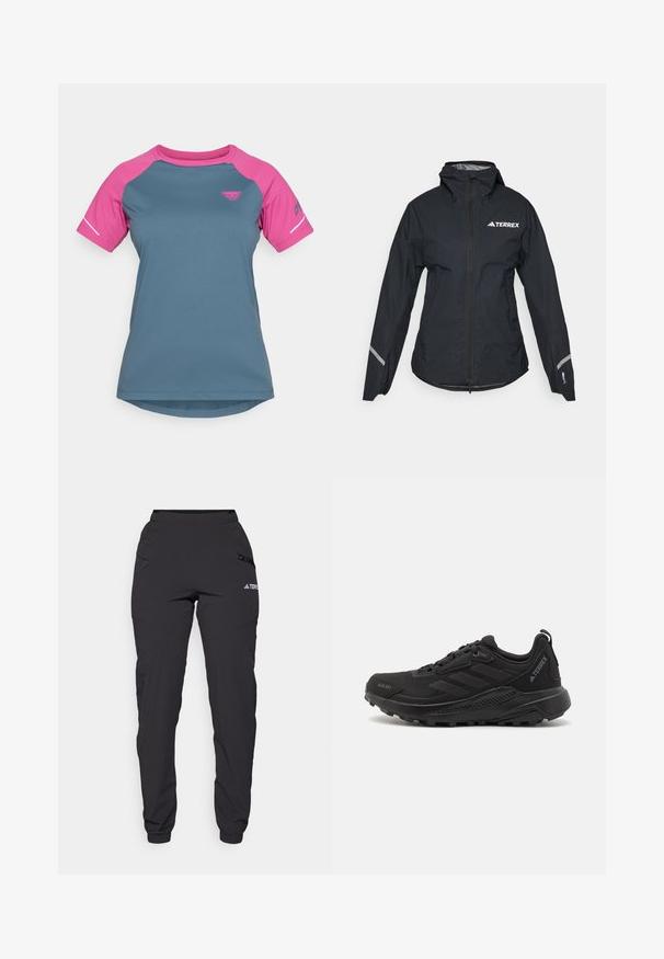 Musta vedenpitävä takki hupulla, täysivetsari, säädettävät hihansuut ja heijastavat yksityiskohdat. Oikealla puolella ylärinnassa on valkoinen logo.; Lyhythempluinen urheilu paita, jossa on teal-värinen runko ja vaaleanpunaiset raglan-hihat. Valmistettu kevyestä kankaasta, jossa on pyöreä pääntie.; Musta vedenpitävä housut, joissa on joustava vyötärö, vetoketjulliset sivutaskut, kapenevat lahkeet ja ribbipinteet nilkoissa. Ominaisuuksiin kuuluu logoteräviä yksityiskohtia.; Mustat urheilukengät, joissa on teksturoitu synteettinen päällinen, nauhakiristys, paksu kumipohja ja huomaamattomat logoakcentit sivuilla ja kantapäässä.