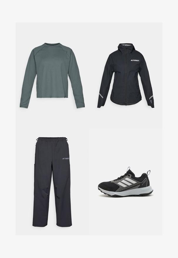 Musta vedenpitävä takki hupulla, täysivetsari, säädettävät hihansuut ja heijastavat yksityiskohdat. Oikealla puolella ylärinnassa on valkoinen logo.; Pitkähihainen, pyöreäkauluksinen paita tummansinertävässä teksturoidussa kankaassa, jossa on ribbikuvio ja hieman lyhennetty helma.; Mustat, kevyet ulkoiluhousut, joissa on joustava vyötärö, sivutaskut ja logo oikeassa yläreunassa. Sujuva, vettä hylkivä kangas.; Musta urheilukenkä harmailla aksentteilla, jossa on tekstuuroitu verkkopinta, kolme valkoista raitaa ja kumipohja kestävyyttä varten.