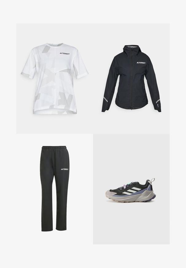 Must ränekattega must vettpidav jakk, täispikk tõmblukk, reguleeritavad mansetid ja peegeldavad aktsendid. Ülal vasakul rinnal on valge logo.; Valge lühikeste varrukatega särk, millel on geomeetriline hall muster ja ümar kaelus. Rindkere peal on logo. Kerge materjal, mis sobib aktiivseks kasutamiseks.; Mustad mustad püksid elastse vöökohtiga. Elegantselt diskreetne valge "TERREX" logo. Sile kangas ja sirge jala disain.; Mustaline sportlikud jalanõud Gore-Tex ülahosaga, valged triibud, lillad aktsendid, paks hall vaheosa ja tekstureeritud hall välistald haardeks.