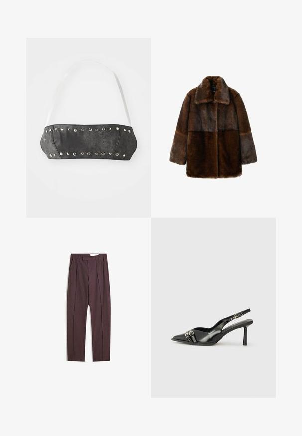 Hnedý kožuch z falošnej kože so širokým golierom, ktorý má kombinovaný dizajn v rôznych odtieňoch hnedého, dlhé rukávy a uvoľnený strih.; Čierny faux kožený bandeau s striebornými kovovými hrotmi pozdĺž predného okraja; obsahuje biele nastaviteľné popruhy. Hladká textúra, štrukturálny tvar.; Fialové pruhované nohavice s plisovaním, s vysokým pásom a rovnými nohavicami. Vyrobené z hladkej, textúrovanej tkaniny.; Čierne lakované kožené slingback topánky s špicatou špičkou, remienkami okolo členku s striebornými prackami a hardvérom, a štíhlým podpätkom.