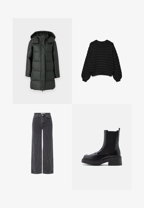 Tumši zaļa pūdera jaka ar noņemamu kapuci, krokota tekstūra, rāvējslēdzēja aizdare un piespraužami aizdares pogas apkaklē un kabatās.; Melnas adītas džemperis ar viļņotu dizainu, ar apaļu kakla izgriezumu un garām piedurknēm. Iekļauj ribotas piedurknes un apakšgali, veidojot teksturētu izskatu.; Augstās jostas vietas melni džinsi ar platajām kājām, aprīkoti ar pogu aizdari, jostu cilpiņām un vieglu izbalēšanu audumā.; Melni čelsijas zābaki ar masīlu papēdi, ar spīdīgu ādas augšdaļu un elastīgām sānu paneļa, lai viegli uzvilktu. Cieta gumijas zole.