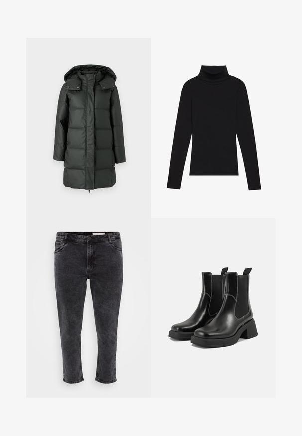 Casaco acolchoado em verde escuro com capuz removível, textura acolchoada, fecho de correr e fechos de pressão na gola e nos bolsos.; Top de gola alta de manga longa, preto, feito de tecido canelado, apresenta um design justo com um decote elevado e sem padrões ou detalhes.; Calças de ganga pretas com um design de corte reto, estilo de cinco bolsos e uma textura ligeiramente desgastada. Apresenta um fecho de correr e passantes para cinto.; Botas Chelsea em couro preto com um salto grosso, painéis laterais elásticos e costura branca em contraste. Acabamento texturizado.