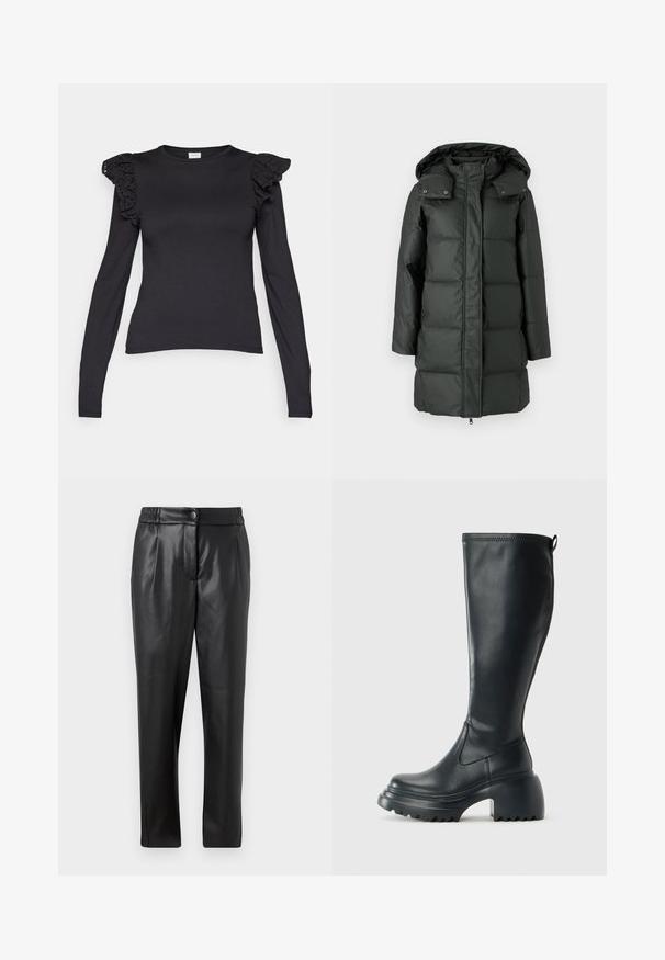 Puffer coat in dark green with a detachable hood, quilted texture, zip closure, and snap fasteners at the collar and pockets.; Black long-sleeve t-shirt with lace ruffle accents on shoulders, made of soft fabric, featuring a round neckline and fitted design.; Black leather pants with a smooth texture, straight fit, elastic waistband, and a front button closure; pleated detailing and tapered legs.; Tall black leather boot with chunky platform sole and block heel, featuring pull tab and textured tread on outsole.