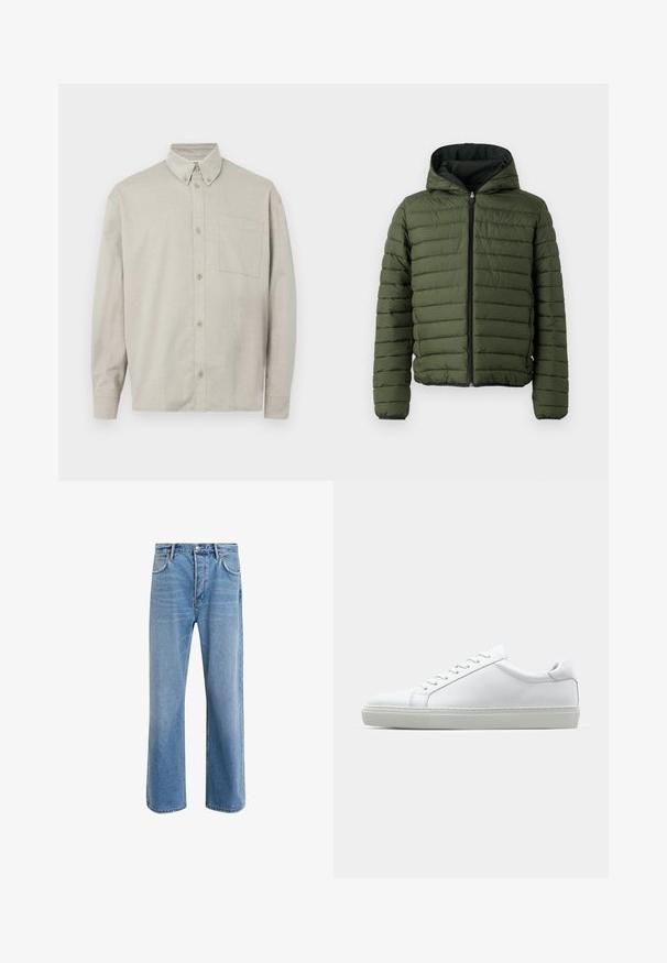 Zelená vycpaná bunda s kapucí, s vodorovným prošíváním, předním zipem a černým lemem na rukávech a spodním lemu.; Světle šedá košile s dlouhým rukávem na knoflíky vyrobená z měkkého materiálu. Obsahuje límec na knoflíky, přední kapsu a volnější střih.; Světle modré džínové kalhoty s rovnými nohavicemi, pěti kapsami, zapínáním na knoflík, minimálním vyblednutím a kontrastním prošitím.; Bílé tenisky s hladkým koženým svrškem a nízkým profilem. Mají zaoblenou špičku, šest nýtů a texturovanou gumovou podrážku.