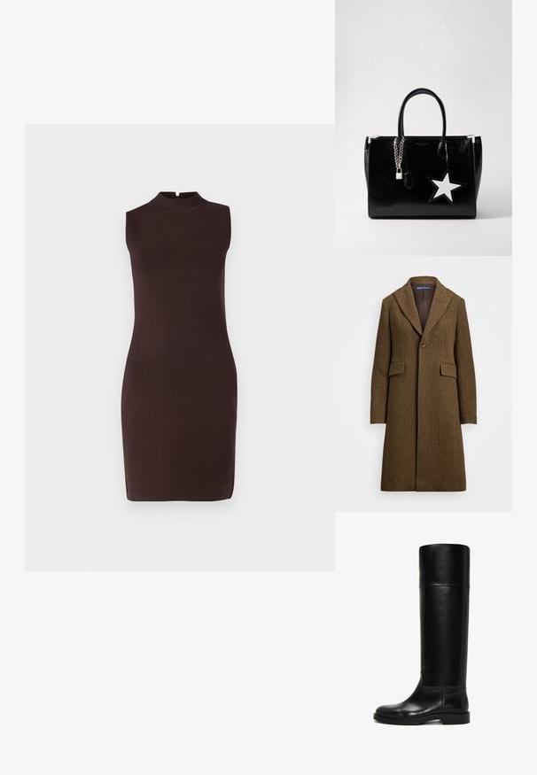 Bruine visgraatjas met een geknipt revers, enkele knoopsluiting en twee voorkanten zakken. Gemaakt van gestructureerde wol of een vergelijkbare stof.; Bruine mouwloze fitted jurk met een hoge hals, gemaakt van gladde stof, met een minimalistisch ontwerp en een lengte tot de knie.; Zwarte leren knie-lange laars met een ronde neus, een gladde textuur, minimalistisch ontwerp en een platte rubberen zool. Geen zichtbare hardware of patronen.; Zwarte lakleren handtas met een slanke vorm. Voorzien van zilveren kettinghardware, een slot en een witte steraccent aan de zijkant.