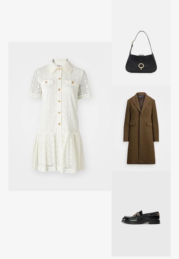 Cappotto marrone ad herringbone con rever a scialle, chiusura a un bottone e due tasche frontali. Realizzato in lana testurizzata o tessuto simile.; Abito in pizzo color crema con maniche corte, colletto, bottoni dorati e due tasche sul petto. Gonna svasata con dettaglio a bordi ondulati.; Mocassini neri in pelle con finitura lucida, dotati di due fibbie dorate e tacco basso. Texture liscia con design a punta arrotondata.; Borsa a tracolla in pelle nera con silhouette curva, manico corto, hardware centrale in tonalità oro e texture liscia. Nessun motivo o dettaglio visibile.