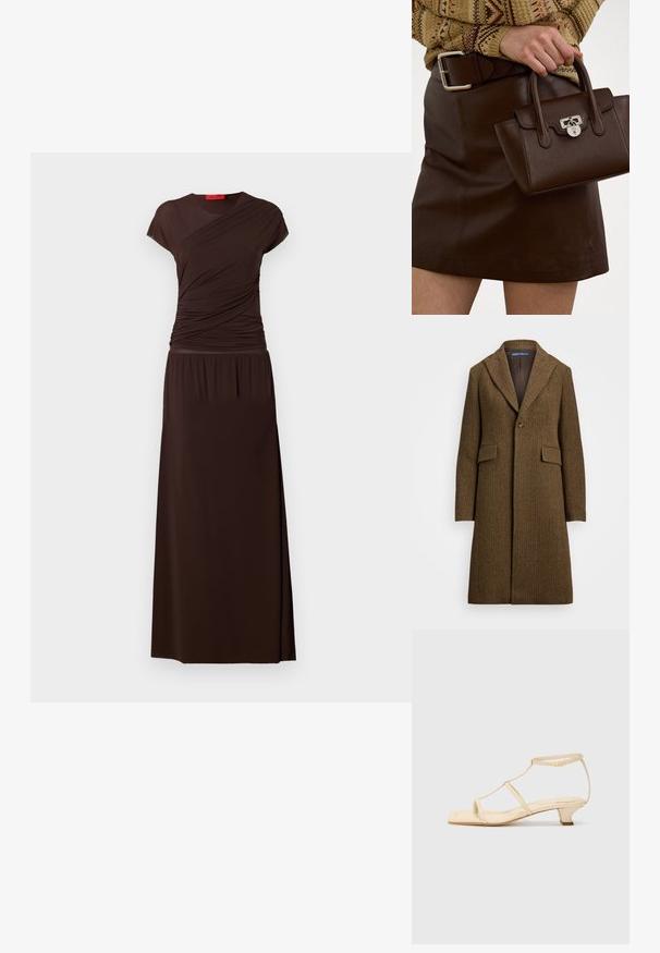 Rudas zigzago raštuotas paltas su įpjovomis apykaklėmis, vienu mygtuku užsegamas ir dviem priekinėmis kišenėmis. Pagamintas iš tekstūruotos vilnos ar panašios medžiagos.; Ilgas rudasis suknelė su trumpomis rankovėmis, pasižyminti raukšlėtu liemeniu ir sklandžiu, plazdančiu sijonu. Pagaminta iš minkštos, tamprios medžiagos.; Bežiniai aukšti sandalai su T formos dirželiu, kvadratiniu pirštu, reguliuojamu kulkšnies dirželiu ir žemu bloku koto aukščiu. Lygus odos paviršius.; Ruda oda rankinė su tekstūruotu paviršiumi ir sidabrinėmis detalėmis, laikoma rankoje šalia rudos odinės sijono ir raštuoto megztinio.