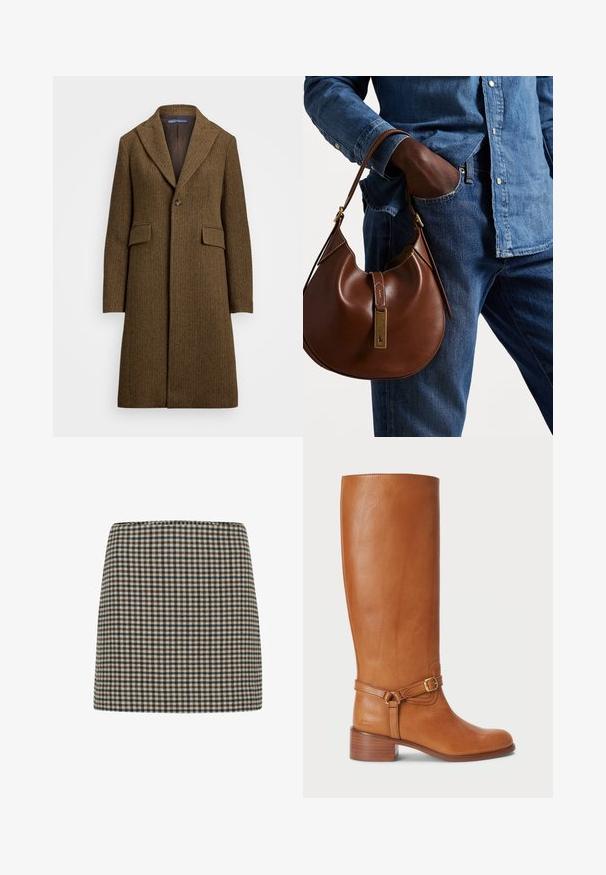 Caban maro cu model în herringbone, cu rever tăiat, închidere cu un singur nasture și două buzunare frontale. Fabricat din lână texturată sau un materialSimilar.; Pulover cu guler înalt, de culoare bej deschis, realizat dintr-un tricot neted și moale. Are mâneci lungi și o siluetă ajustată, cu o margine ribbed.; Fustă mini în carouri, cu nuanțe de negru, marron și crem. Formă structurată cu talie înaltă. Textură de țesătură moale, cu un model de rețea uniform.; Cizme înalte din piele maro cu un finisaj neted, dotate cu o curea cu cataramă pe lateral și un toc cu straturi. Partea superioară are un design curat, fără ornamente.; Geantă hobo din piele maro, cu o formă rotunjită, având un accent din hardware aurie și cusături în contrast. Asortată cu o cămașă din denim și blugi.