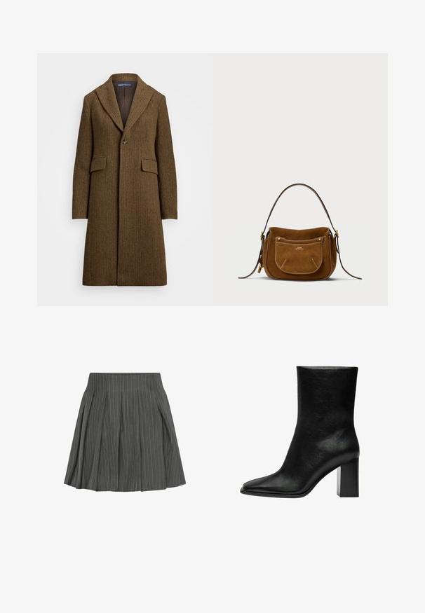 Hnedý kabát v herringbone vzore s výstrihom do "notch", zapínaním na jeden gombík a dvoma prednými vreckami. Vyrobený z textúrovanej vlny alebo podobnej látky.; Hnedý, dlhý rukáv, rolák vyrobený z rebrovaného materiálu. Má priliehavý strih a vysoký golier. Bez viditeľných vzorov alebo akcentov.; Moves LUCILLE - Skladaná sukňa - castlerock; Čierne členkové topánky z hladkej kože, s špicatou špičkou a robustným obdĺžnikovým podpätkom. Minimalistický dizajn bez ozdôb.; Hnedá semišová taška na rameno s zakriveným tvarom, kontrastným prešívaním, zlatými akcentmi a zipsom na prednej strane.