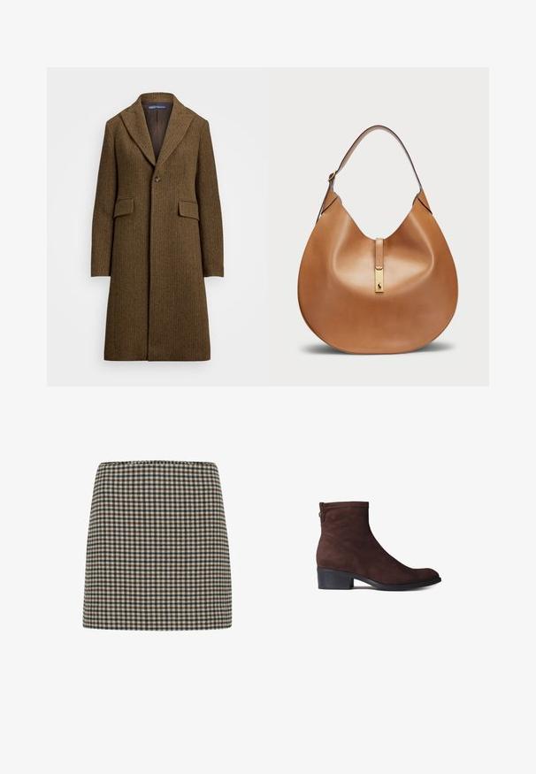 Brun herringbone-kappa med ficklappar, enkel knappstängning och två framfickor. Tillverkad av texturerad ull eller liknande tyg.; Brun, tjockstickad polotröja med ribbad krage och nederkant. Har långa ärmar och en avslappnad passform, tillverkad av mjukt textilmaterial.; Rutigt mini kjol i svart, brunt och krämfärgad. Strukturerad form med hög midja. Mjuk tygtextur med ett enhetligt rutmönster.; Brun mockasinankelboots med låg blockklack, rund tå och en knappdetalj på sidan. Slät textur, minimalistisk design.; Tan läderhandväska med en böjd form och ett brett axelband. Har en guldfärgad metallaccent i mitten och en slät yta.
