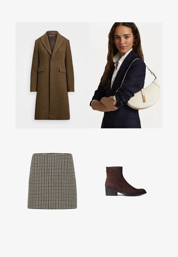 Ruskea herringbone-takkia, jossa on lovattu kaulus, yksittäinen nappikiinnitys ja kaksi etutaskua. Valmistettu teksturoidusta villasta tai vastaavasta kankaasta.; Ruskea, paksu neulepusero, jossa on korkea kaulus ja ribbireunat. Ominaisuuksiin kuuluu pitkät hihat ja rento istuvuus, valmistettu pehmeästä tekstiilimateriaalista.; Ruudukkoa olevat mini-hameet mustassa, ruskeassa ja kermaisen valkoisessa. Rakenne on muodokkaasti korkea vyötärö. Pehmeä kangas, jossa on tasainen ruudukko.; Ruskea mokkanahkasaapas nilkkapituisella varrella, matalalla lohkarekorolla, pyöreällä varvastyylillä ja nappi-yksityiskohdalla sivussa. Sileä pinta, minimalistinen muotoilu.; Valkoinen nahkalaukku, jossa on kaareva muoto, kultaiset yksityiskohdat ja teksturoitu pinta, pukeutuneena tumman bleiserin ja valkoisen paidan päälle.