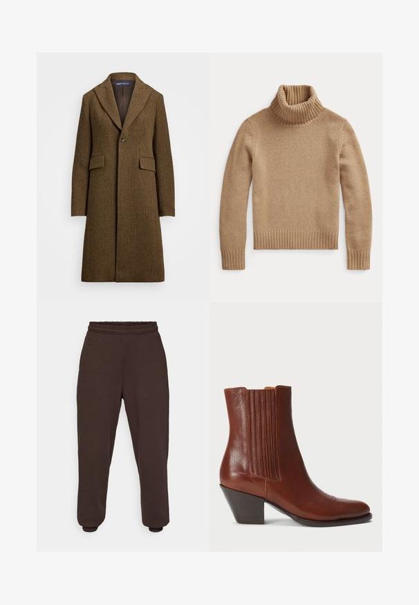 Rjav herringbone plašč z izrezanim ovratnikom, enojnim gumbom in dvema sprednjima žepekoma. Narejen iz teksturirane volne ali podobnega materiala.; Pulover s visokim ovratnikom v kamelji barvi, izdelan iz teksturirane pletenine. Ima rebrast ovratnik in manšete ter preprost, prilega se odnos.; Temno rjave trenerke iz mehkega materiala, ki imajo elastičen pas in elastične manšete na gležnjih. Minimalistična zasnova brez vzorcev.; Rjavi usnjeni gležnjarji s koničastim nosom in naloženim peto, ki se ponašajo z navpičnimi rebrastimi detajli na straneh in zapletenimi šivi.