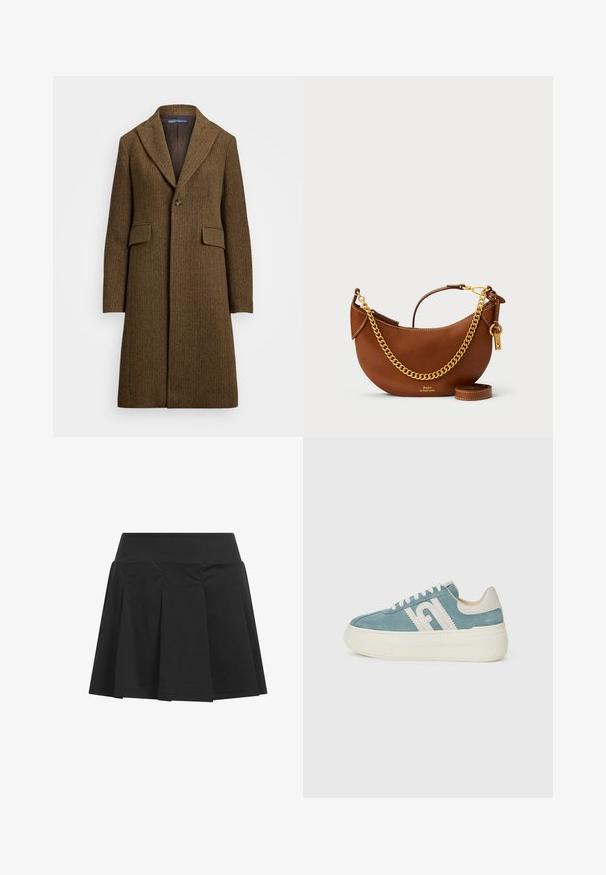 Brun herringbone-kappa med ficklappar, enkel knappstängning och två framfickor. Tillverkad av texturerad ull eller liknande tyg.; Vitt stickat tröja med ribbad fåll och ärmslut, med en vikt krage och raglanärmar, tillverkad av mjukt, strukturerat tyg.; Polo Ralph Lauren OVERSIZE FIT COTTON SHIRT - Blus - surfside rose; Svart plisserad kjol med en slät midja, tillverkad av mjukt tyg, med skarpa plisseringar som sträcker sig från midjan ner.; Sneakers i ljusblå mocka med vit gummisula. Har vit märkning på sidan och tonad sömnad. Skosnörningsdesign med en vadderad krage.; Brun läderhandväska med en böjd design, guldkedjesnor, innerväska och ett avtagbart axelband. Har kontrasterande sömmar.