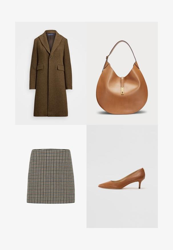 Bruine visgraatjas met een geknipt revers, enkele knoopsluiting en twee voorkanten zakken. Gemaakt van gestructureerde wol of een vergelijkbare stof.; Bruine kabelgebreide trui met een ronde halslijn, ribgebreide manchetten en zoom, voorzien van een klein logo op de borst, gemaakt van gestructureerde stof.; Gekblokte minirok in zwart, bruin en crème. Gestructureerde vorm met een hoge taille. Zachte textuur van de stof met een consistent ruitpatroon.; Lauren Ralph Lauren ADRIENNE - Klassieke pumps - deep saddle tan; Tan leren handtas met een gebogen vorm en een brede schouderband. Heeft een gouden metalen accent in het midden en een gladde textuur.