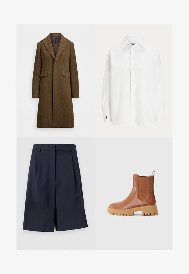 Bruine visgraatjas met een geknipt revers, enkele knoopsluiting en twee voorkanten zakken. Gemaakt van gestructureerde wol of een vergelijkbare stof.; Witte button-up shirt met lange mouwen, klassieke kraag en een klein blauw logo op de manchet. Gladde katoenstof, gestructureerde pasvorm.; Marineblauwe op maat gemaakte shorts van een gladde stof met een hoge taille, plooien aan de voorkant en zijzakken. Strakke, gestructureerde silhouette.; Bruine leren enkellaars met elastische zijkanten, ronde neus en zware tan platformzool met opvallend profiel.