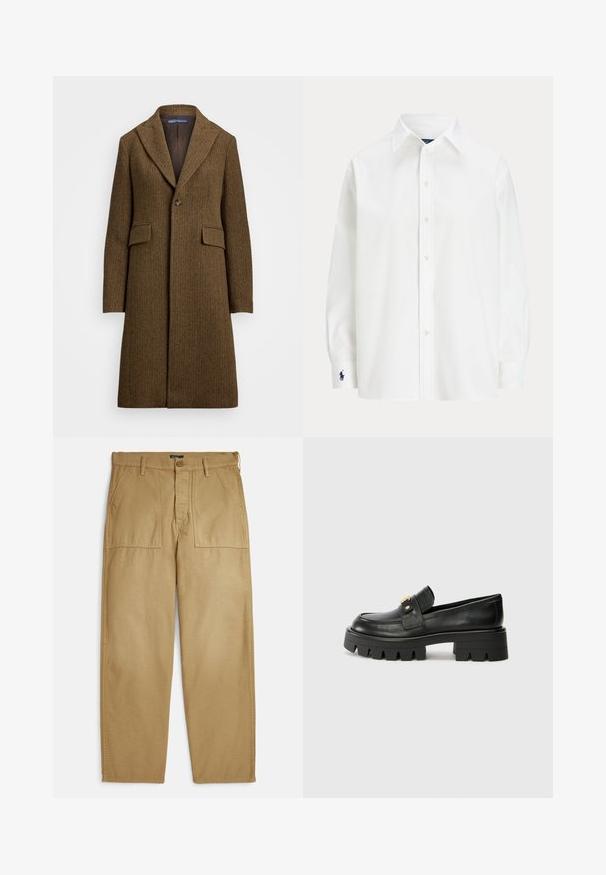 Rjav herringbone plašč z izrezanim ovratnikom, enojnim gumbom in dvema sprednjima žepekoma. Narejen iz teksturirane volne ali podobnega materiala.; Bela srajca s dolgimi rokavi, klasičen ovratnik in majhna modra oznaka na manšeti. Gladko bombažno blago, strukturirana prileganje.; Kašasti hlače khaki barve z ravnimi nogavicami, ki imajo dva stranska žepa, zapenjanje na gumb in teksturirano tkanino.; Črne usnjene loaferje z debelim podplatom, ki imajo zlatoten naglas na sprednji strani in gladko površino. Debela oblika profila na podplatu.