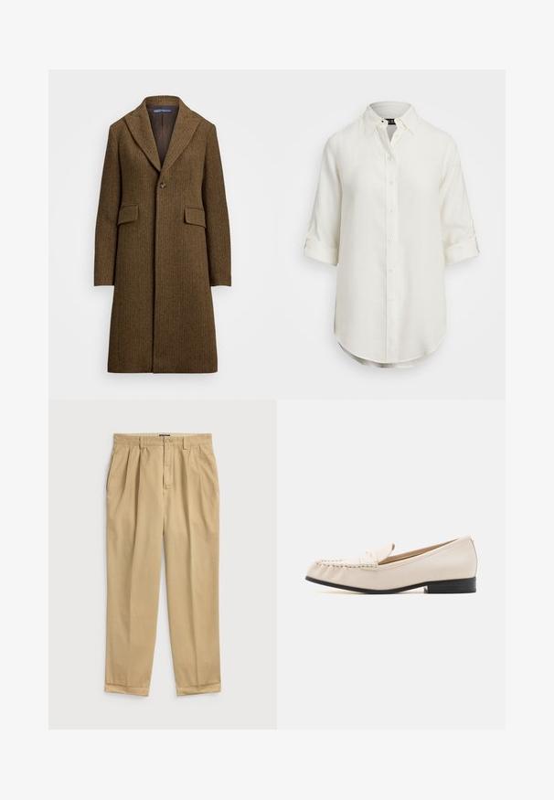 Brown herringbone coat with a notched lapel, single button closure, and two front pockets. Made of textured wool or similar fabric.; White linen shirt with a button-up design, short rolled sleeves, a collar, and a rounded hem. Features light-colored buttons.; Light beige cotton trousers with a relaxed fit, featuring front pleats, side pockets, and a cuffed hem.; MICHAEL Michael Kors CARLSON LOAFER - Slip-ons - light cream