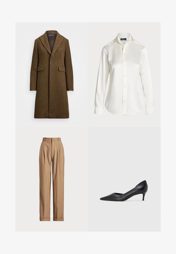 Brun hængebåndsfrakke med spidse klapper, enkelt knaplukning og to forlommer. Fremstillet af tekstureret uld eller lignende stof.; Hvid langærmet skjorte med knapper, lavet af glat stof, med en klassisk krave og subtil glans, rundet kant og knappedetaljer.; Polo Ralph Lauren FULL LENGTH PLEATED - Bukser - camel; Sort læderpumpe med spids tå og lav hæl. Har en glat tekstur og subtil glans. Åben udskæring foran for ekstra detalje.