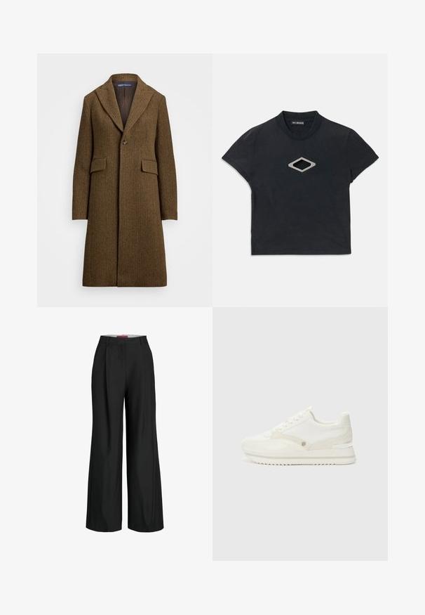 Brūns dūņu raksts mētelis ar iedobumu apkakli, vienu pogu aizdari un divām priekšējām kabatām. Izgatavots no teksturētas vilnas vai līdzīgas auduma.; Melna īsā piedurkne cropped T-kreklā ar apaļu kakla izgriezumu un sudraba dimanta formas izgriezumu priekšā.; Melnas platas bikses ar pielāgotu dizainu, kurām ir krokas un gluda auduma tekstūra. Tīras līnijas un nav redzamu detaļu vai akcentu.; Baltas sporta apavi ar gludu un teksturētu materiālu maisījumu, kas pārī ir diskrēts logo, auklu dizains un zigzaga zole.